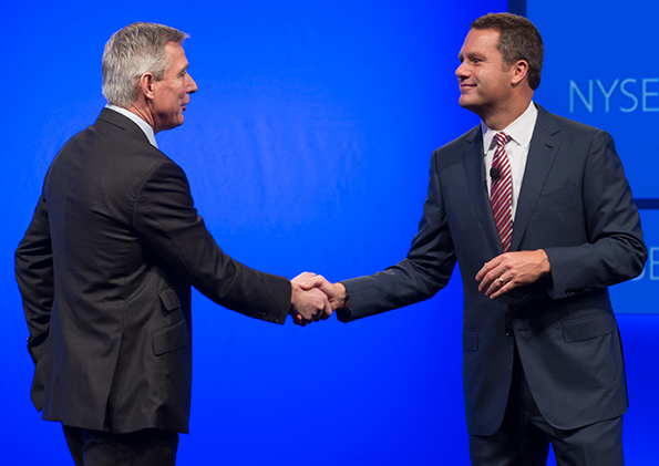 Walmart CEO Doug McMillon introduces new Walmart U.S. president and CEO Greg Foran at the 2014 analyst meeting in Bentonville, Ark.